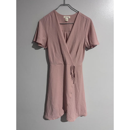 Monteau Dress Womens S Pink Wrap Short V-Neck Flutter Sleeve Tie Belted