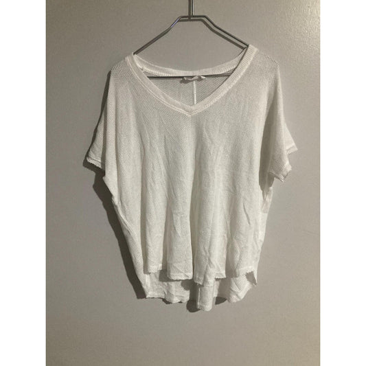 Double Zero Sweater Womens S White Waffle-Knit V Neck Short Sleeve Pullover