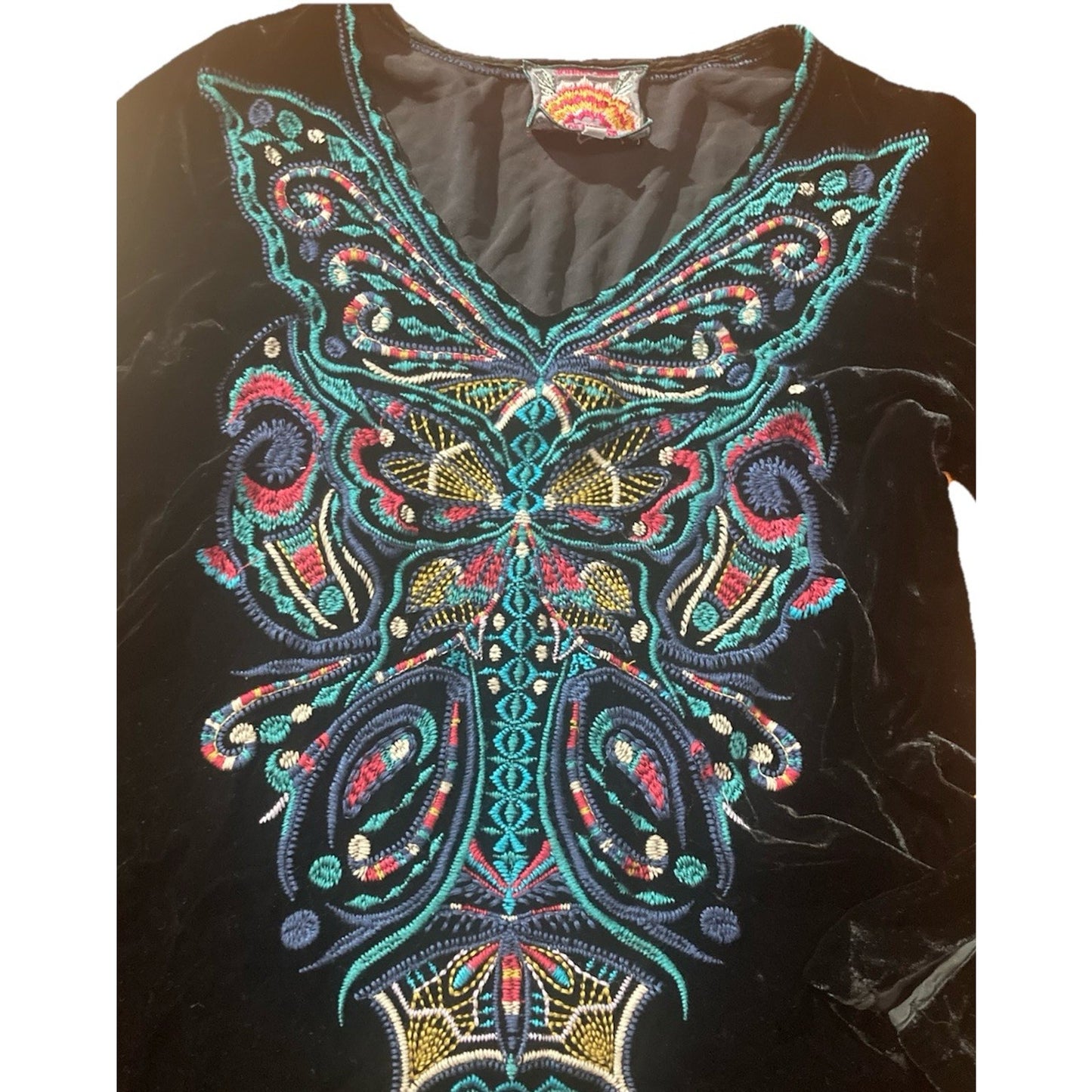 Johnny Was Aurelia Black Velvet V-Neck Tunic Top Butterfly Embroidered XS