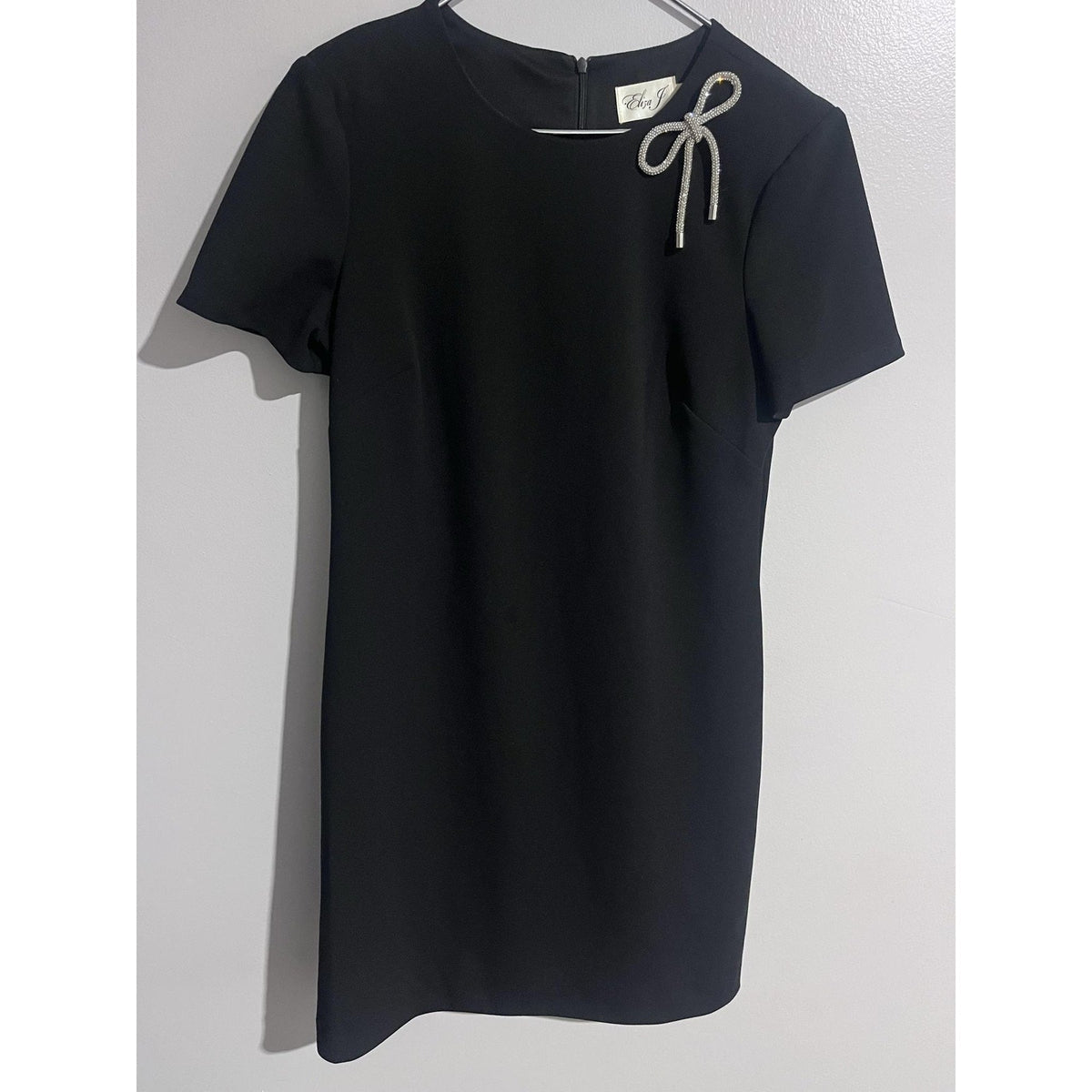 Eliza J Dress Womens 10 Black Sheath Knee Length Round Neck Lined Rhinestone