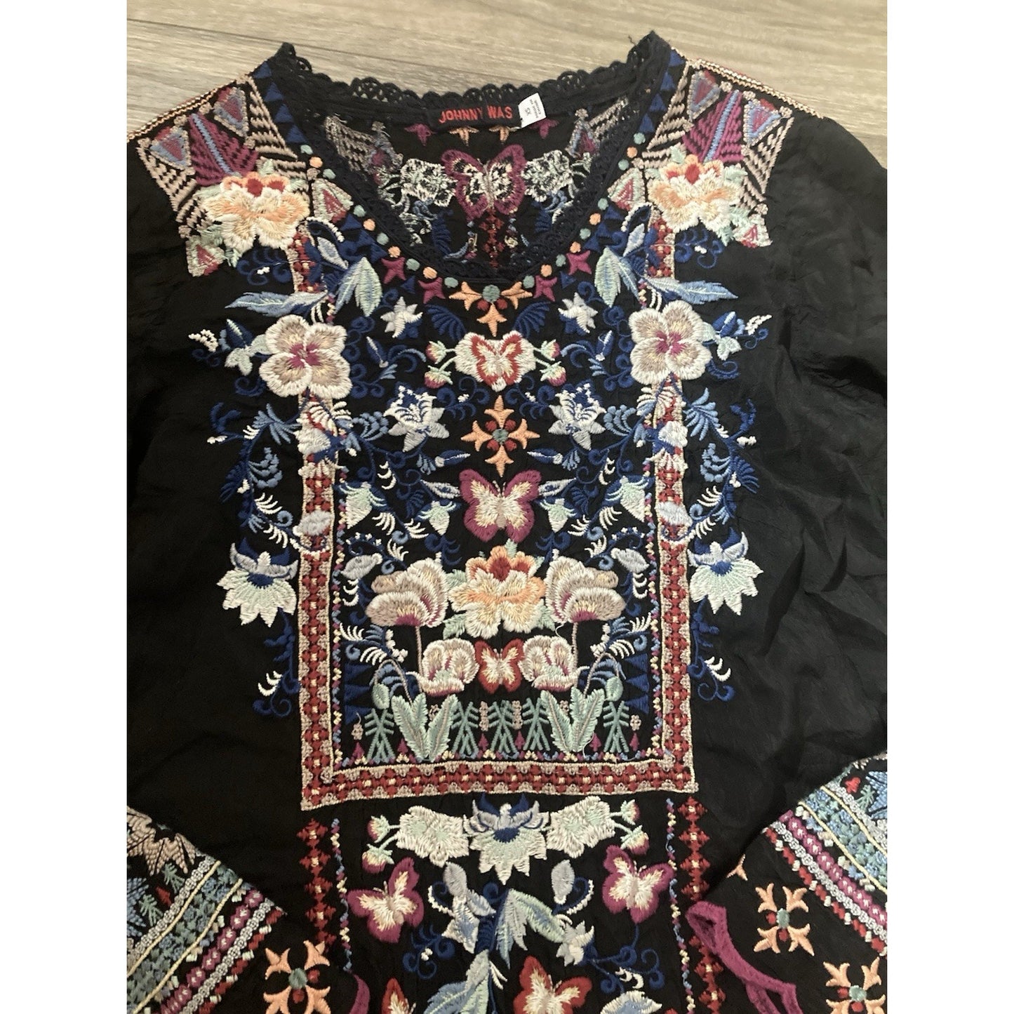 Johnny Was Flare Sleeve Embroidered Butterfly Tunic/Dress Size XS Bohemian
