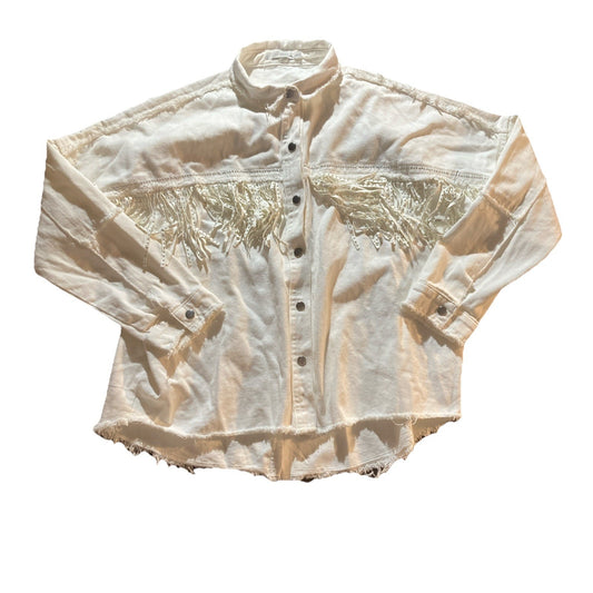 Cowgirl Chic Western Veveret White Denim Jacket with Rhinestone Fringe Medium