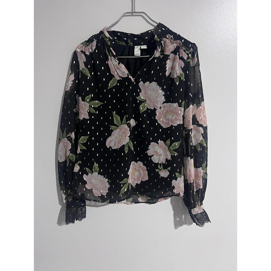 Joie Blouse Womens XS Black Tunic Balloon Sleeve V-Neck Floral Glitter