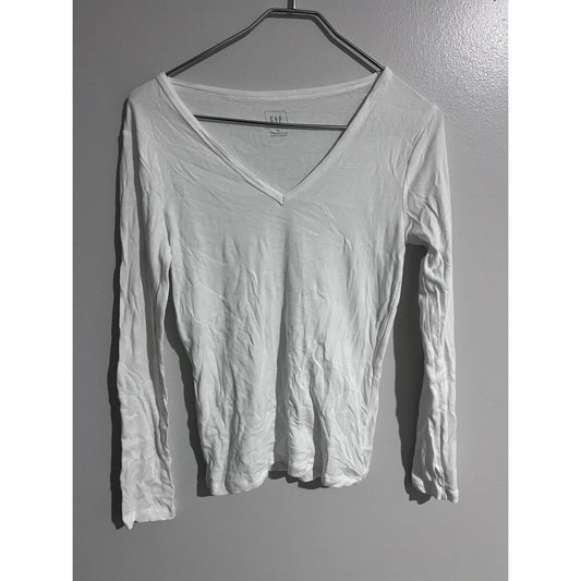 Gap T-Shirt Womens M White V-Neck Long Sleeve Jersey Slim Cotton Modal