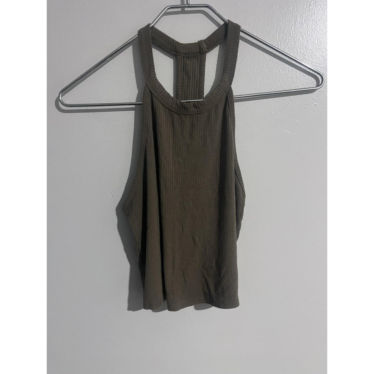 Bozzolo Tank Juniors L Green Cropped Halter Knit Stretch Ribbed Racerback Summer