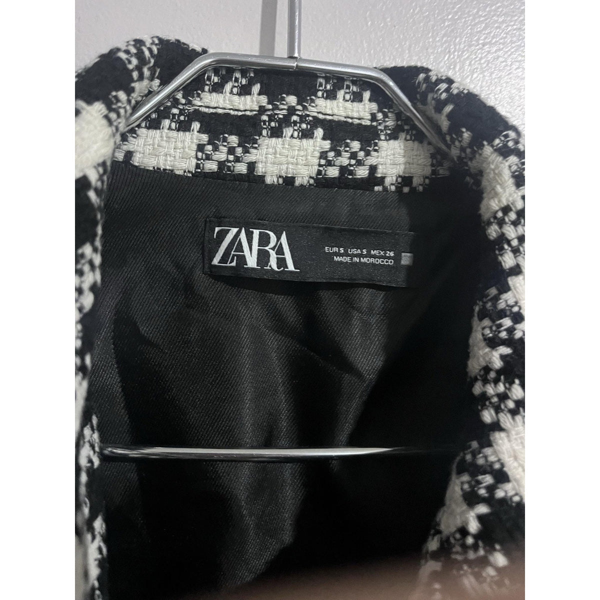 ZARA Jacket Womens S Black Tweed Check Rhinestone Button Collared Pockets