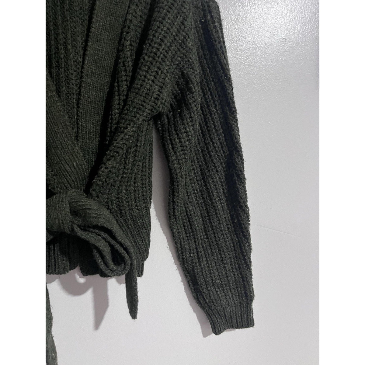 RD Style Cardigan Womens XS Green Waffle-Knit Belted Open Heavyweight Bow Accent