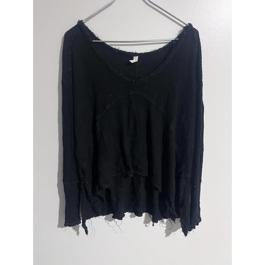 Free People Sweater Womens XS Black Waffle-Knit Scoop Neck Lightweight Fringe