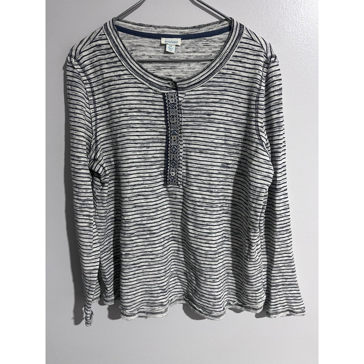 Sundance T-Shirt Womens PXL White Striped Henley Long Sleeve Lightweight