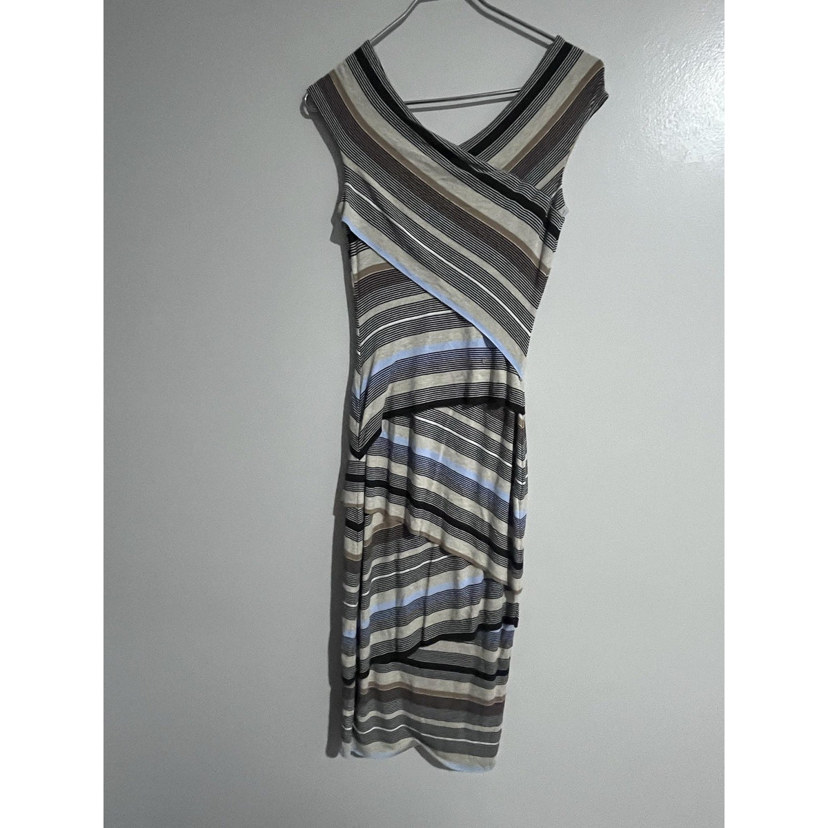 Bailey 44 Dress Womens XS Beige Striped Wrap Asymmetric Sleeveless Jersey