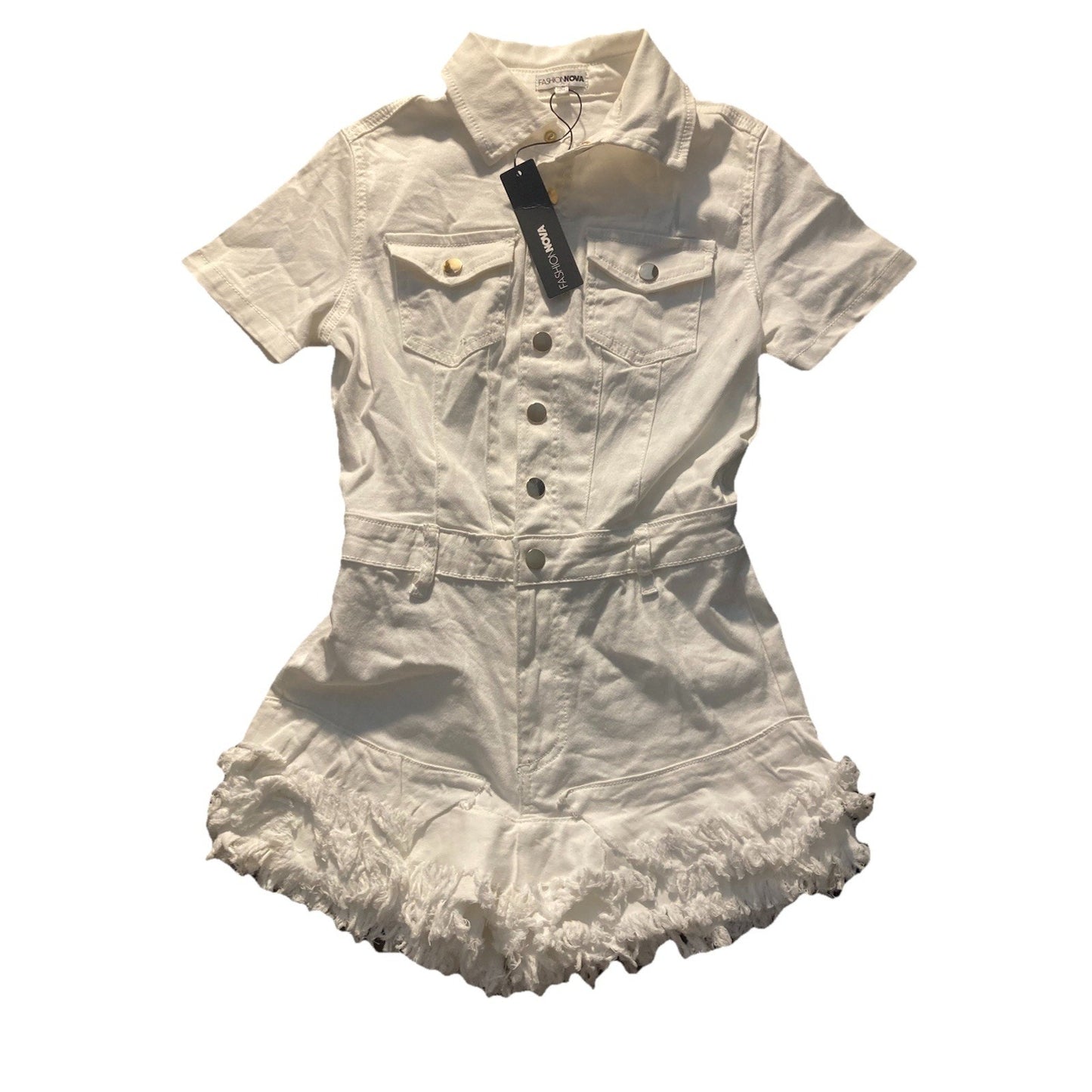 Fashion Nova Romper Women's S Short Denim Distressed Jean Ruffled Sexy Coquette