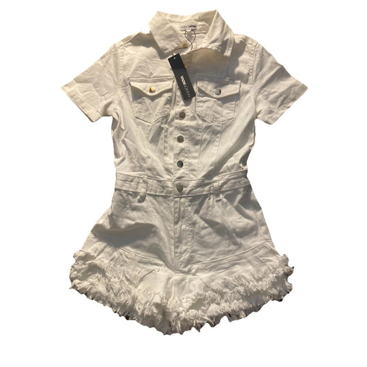 Fashion Nova Romper Women's S Short Denim Distressed Jean Ruffled Sexy Coquette