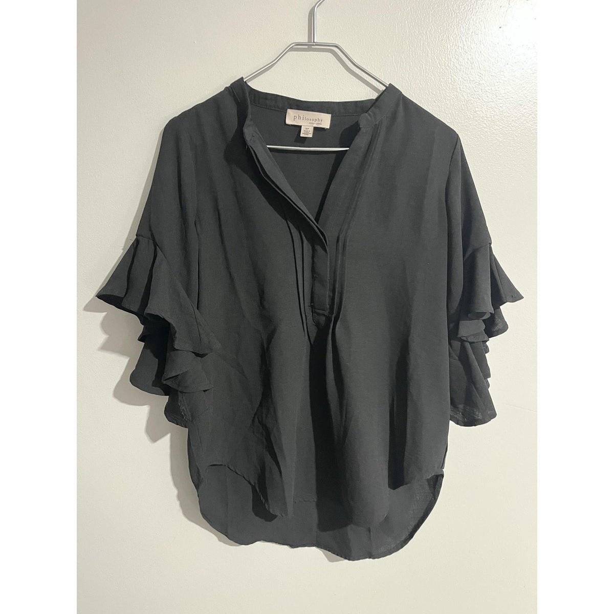 Philosophy Republic Clothing Blouse Womens S Black Chiffon Tunic Flutter Ruffle