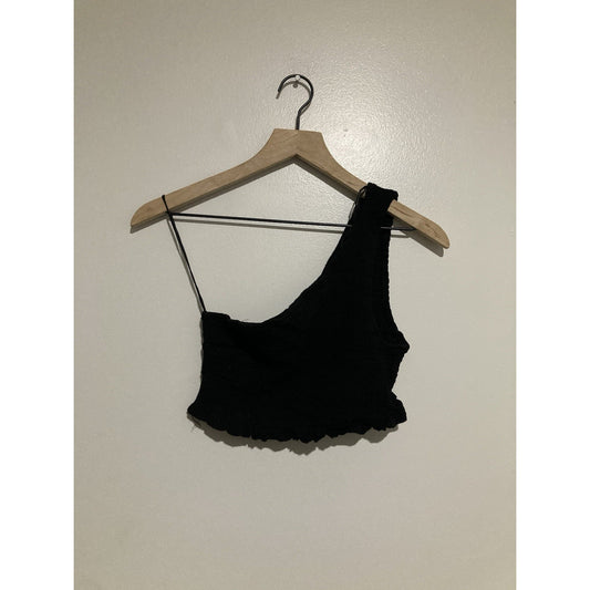 MUSTARD SEED One Shoulder Asymmetrical Sleeveless Tank Crop Top Black Ruffle