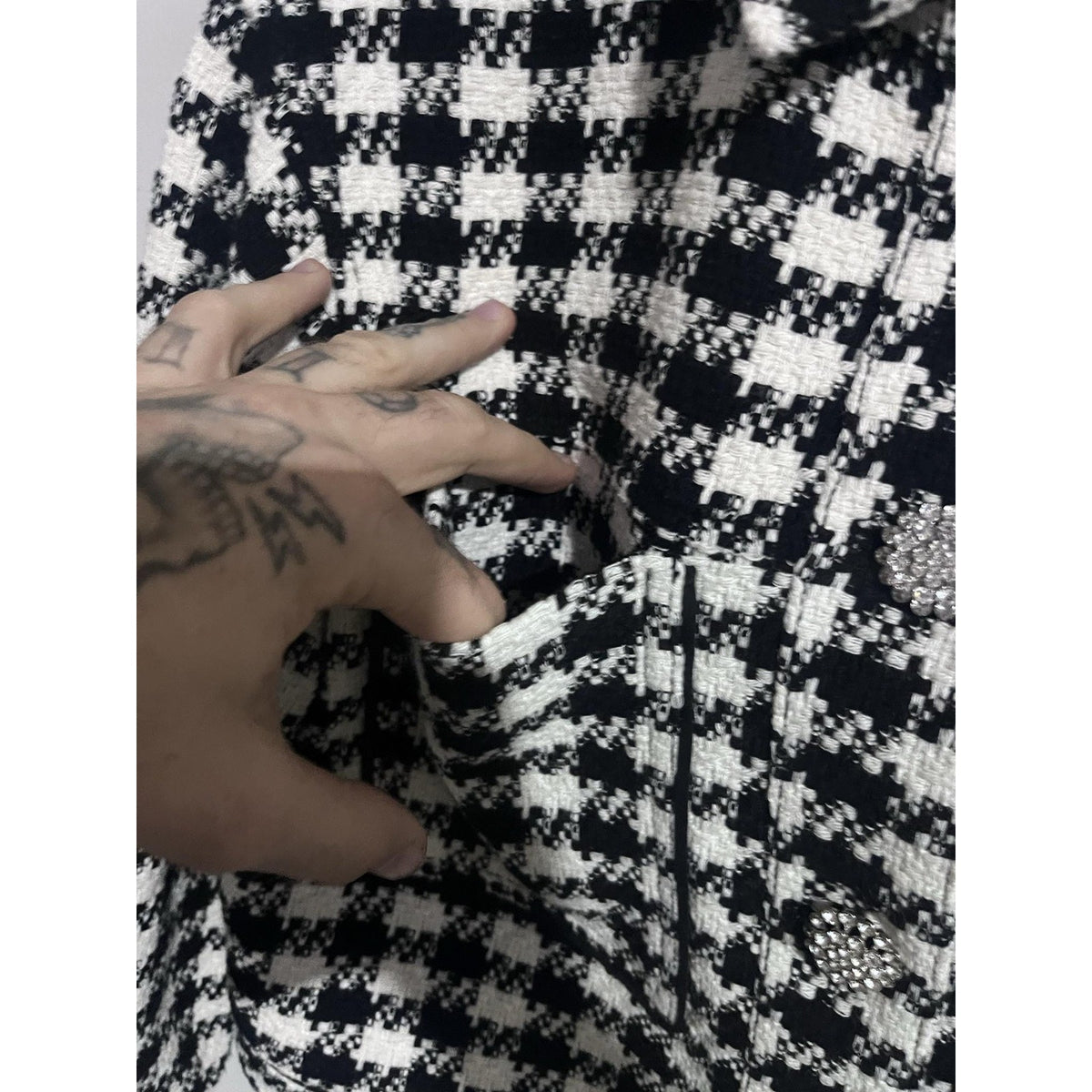 ZARA Jacket Womens S Black Tweed Check Rhinestone Button Collared Pockets