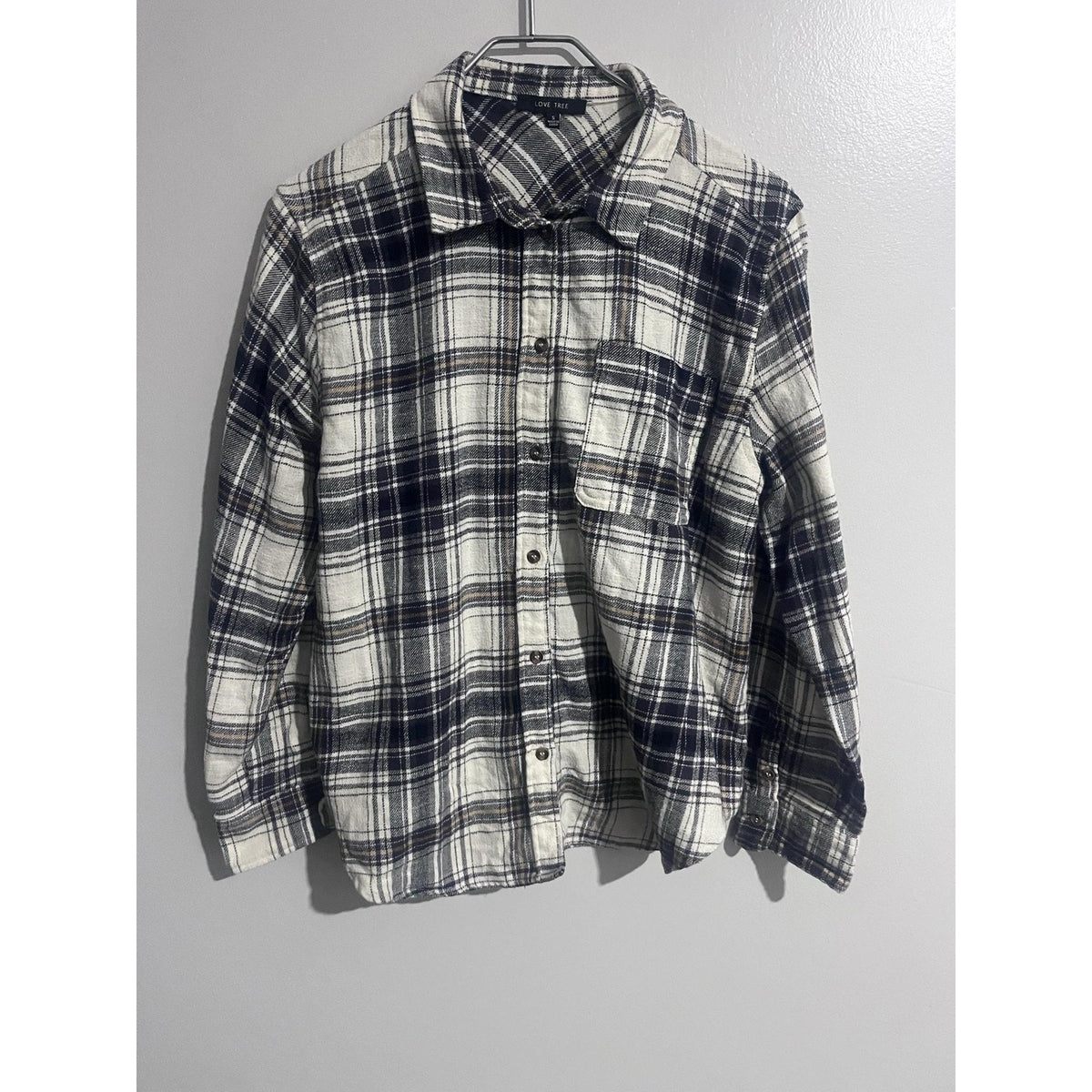 Love Tree Button-Up Womens S White Plaid Flannel Collared Long Sleeve Casual