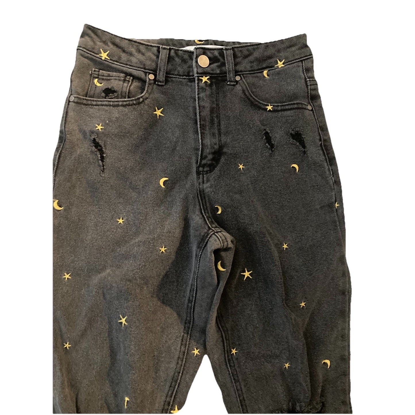 Tinseltown Celestial Moon Star Embroidered Jeans Womens 3 Black Denim Frayed Hem
