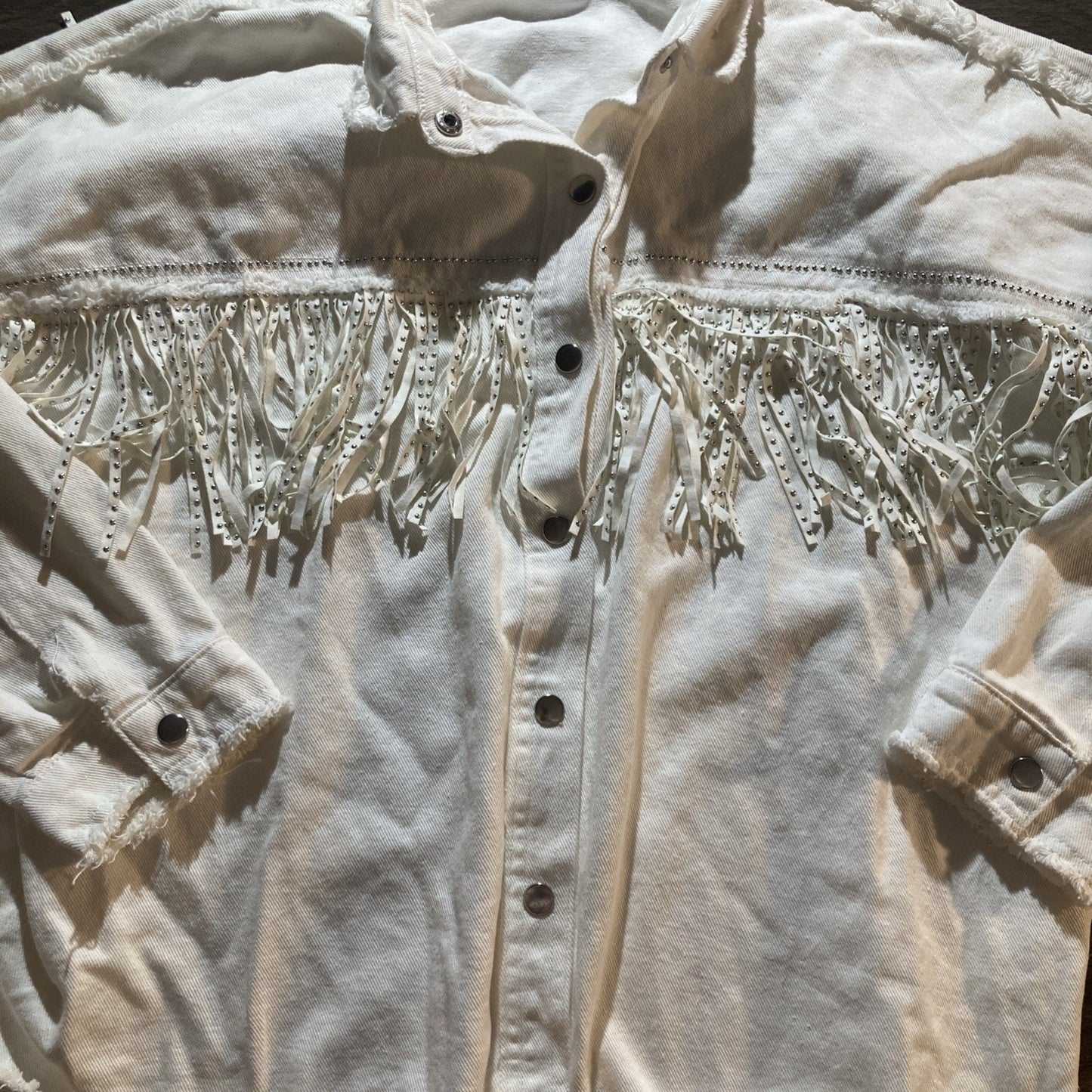 Cowgirl Chic Western Veveret White Denim Jacket with Rhinestone Fringe Medium
