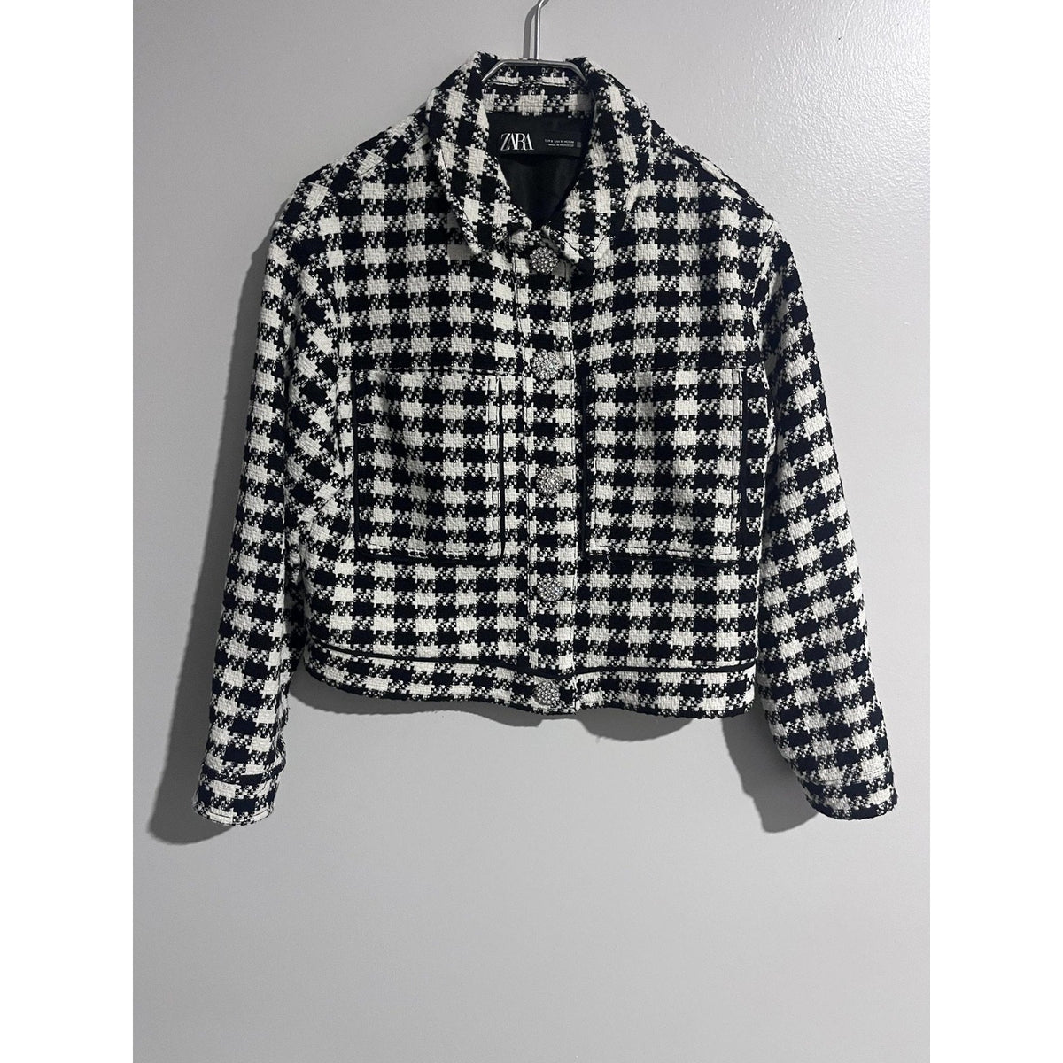 ZARA Jacket Womens S Black Tweed Check Rhinestone Button Collared Pockets