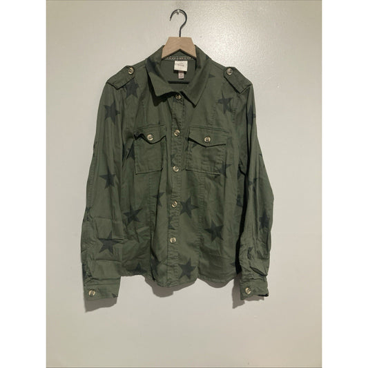Knox Rose Women’s Lightweight Jacket Olive Green Star Print Button Front Size XL