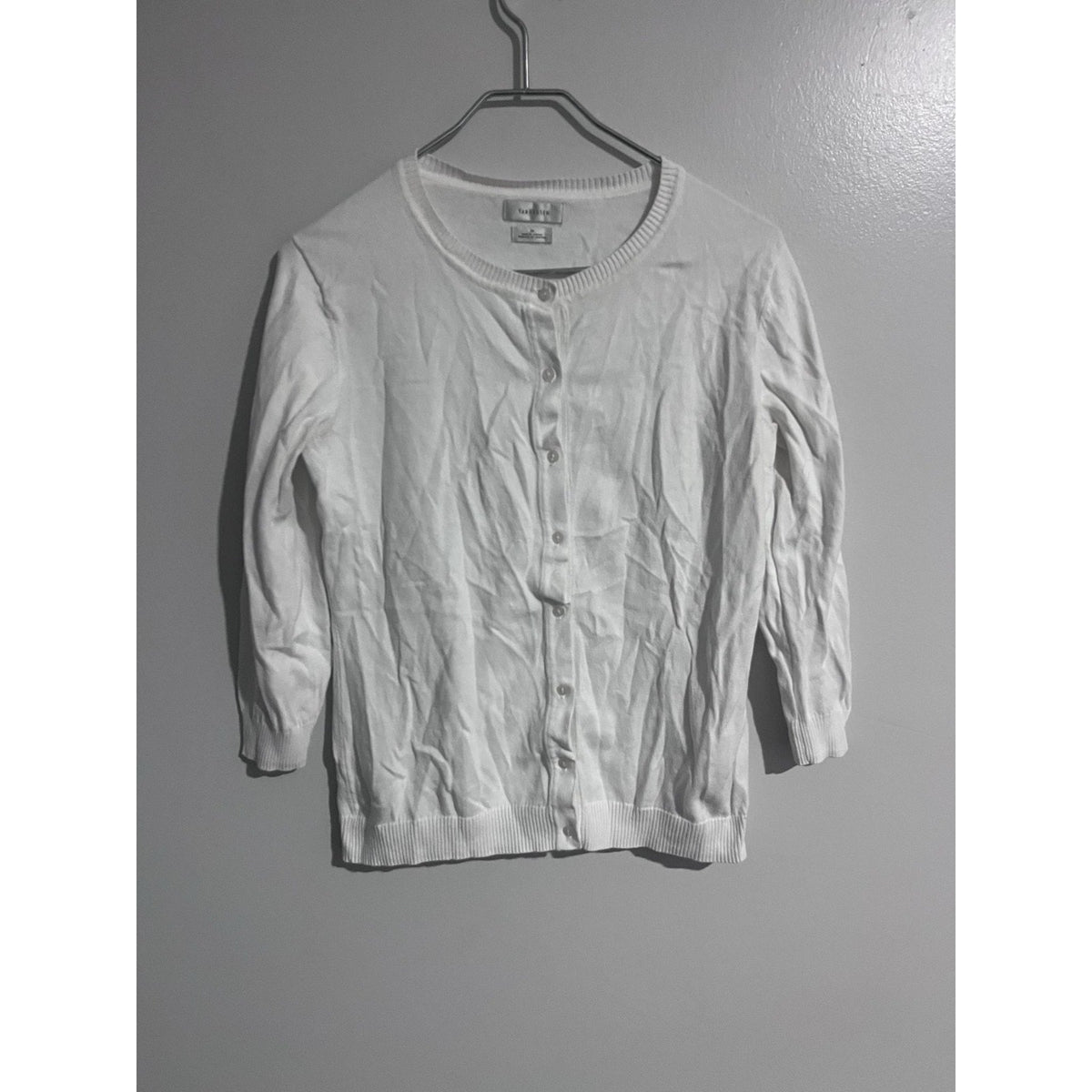 Van Heusen Cardigan Womens M White Lightweight Collarless Button Long Sleeve