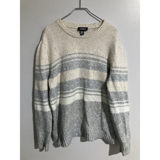 Express Lambs Wool Knit Sweater White w/ Gray Stripe Crew Neck Pullover Men's XL