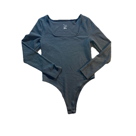 A New Day Womens Black Ribbed Square Knit Long Sleeve Bodysuit Size Medium