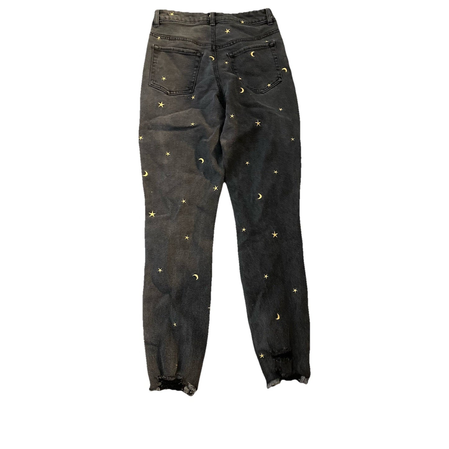 Tinseltown Celestial Moon Star Embroidered Jeans Womens 3 Black Denim Frayed Hem