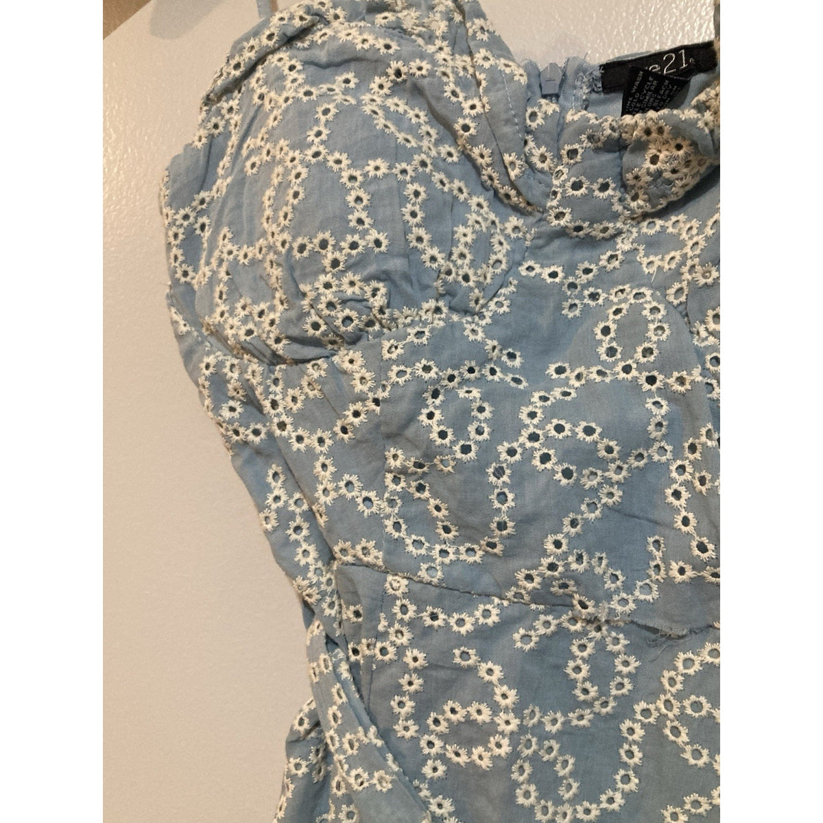 Rue21 Light Blue Eyelet Ruffle Tie Waist Mini Dress Size XS Sundress Baby Blue