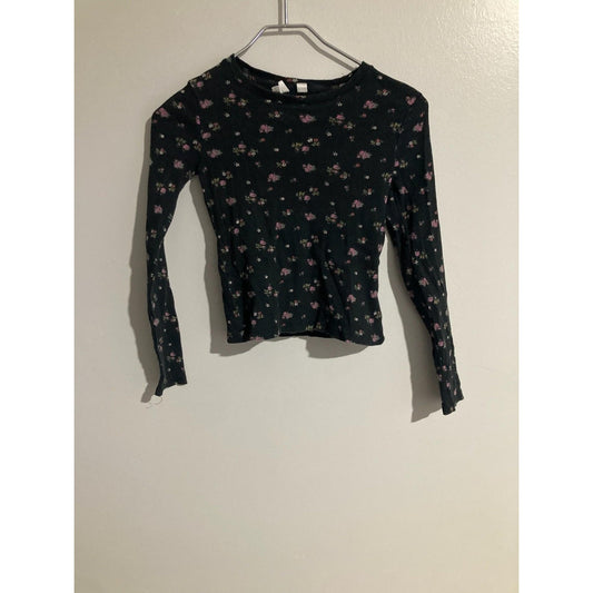 Gap Shirt Girls 10 Black Floral Long Sleeve Slim Ribbed Crew Neck Stretch
