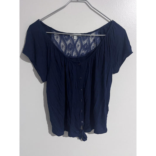 Charlotte Russe Button-Up Womens M Blue Cropped Scoop Neck Lace Tie Front
