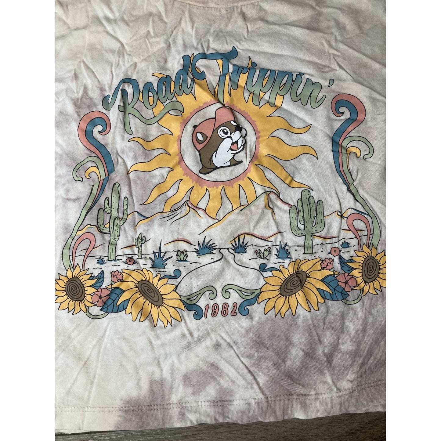 Bucees Crop Top Tie Dye Road Trippin Graphic Sunflower Gas Station T Shirt