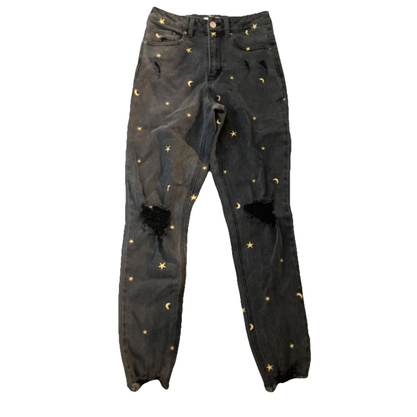 Tinseltown Celestial Moon Star Embroidered Jeans Womens 3 Black Denim Frayed Hem