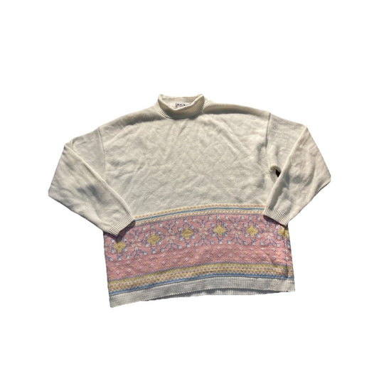 Vintage Grannycore Pastel Flower White Pink Yellow Cabin Creek Sweater Size L