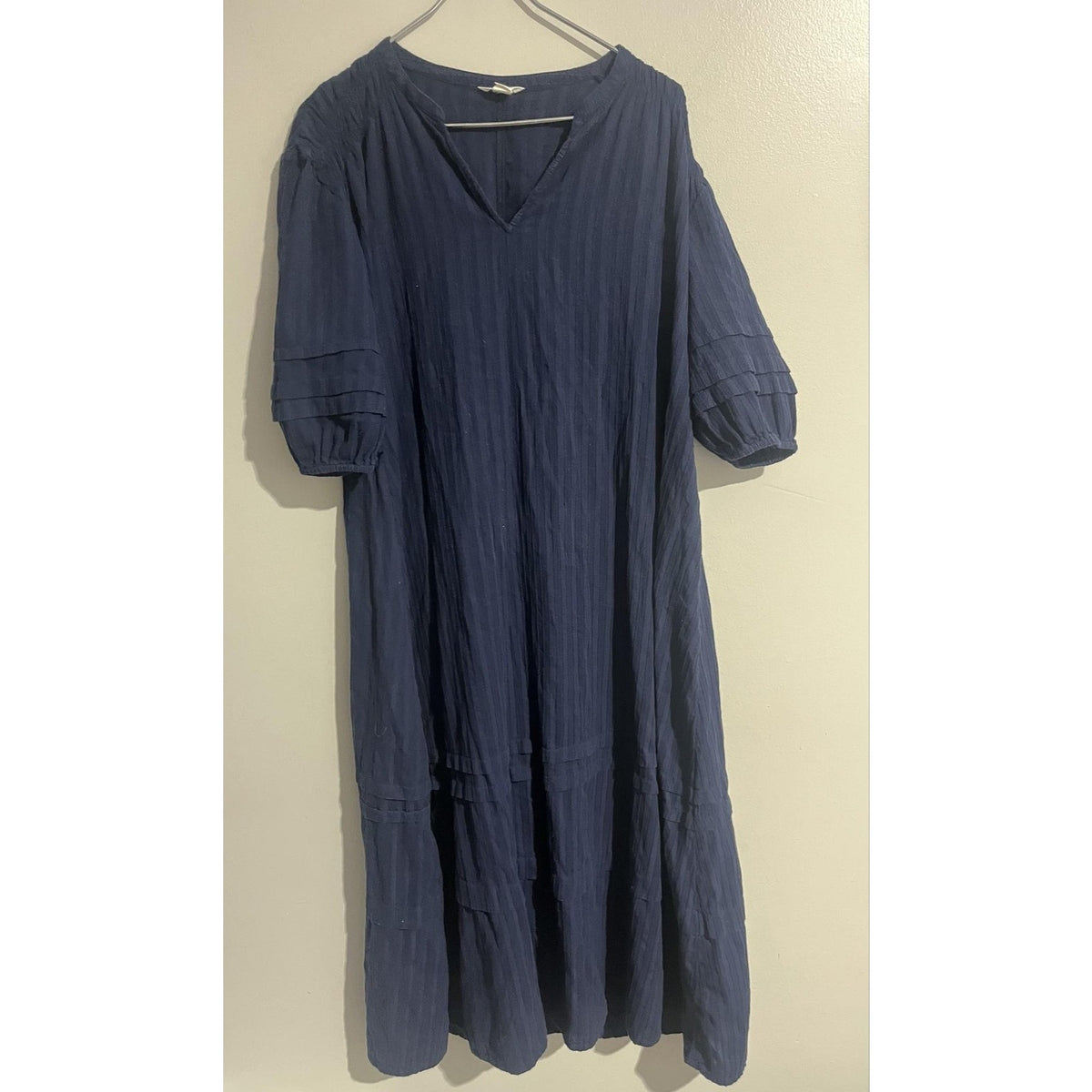 Caslon Dress Womens S Blue Maxi Shift 3/4 Puff Sleeve V-Neck Pleated Striped
