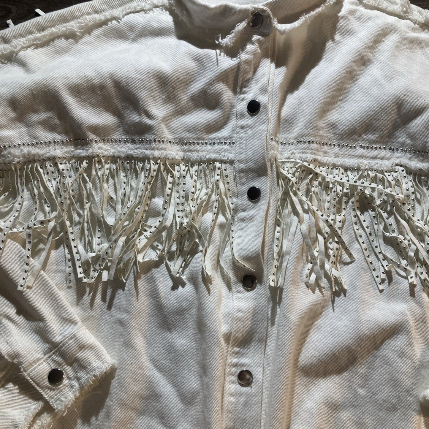 Cowgirl Chic Western Veveret White Denim Jacket with Rhinestone Fringe Medium