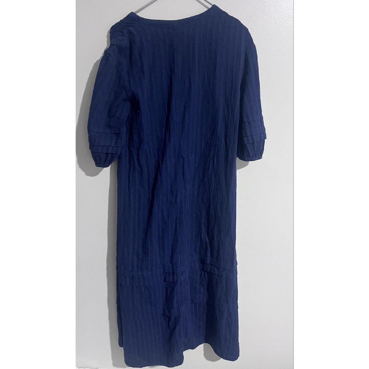 Caslon Dress Womens S Blue Maxi Shift 3/4 Puff Sleeve V-Neck Pleated Striped