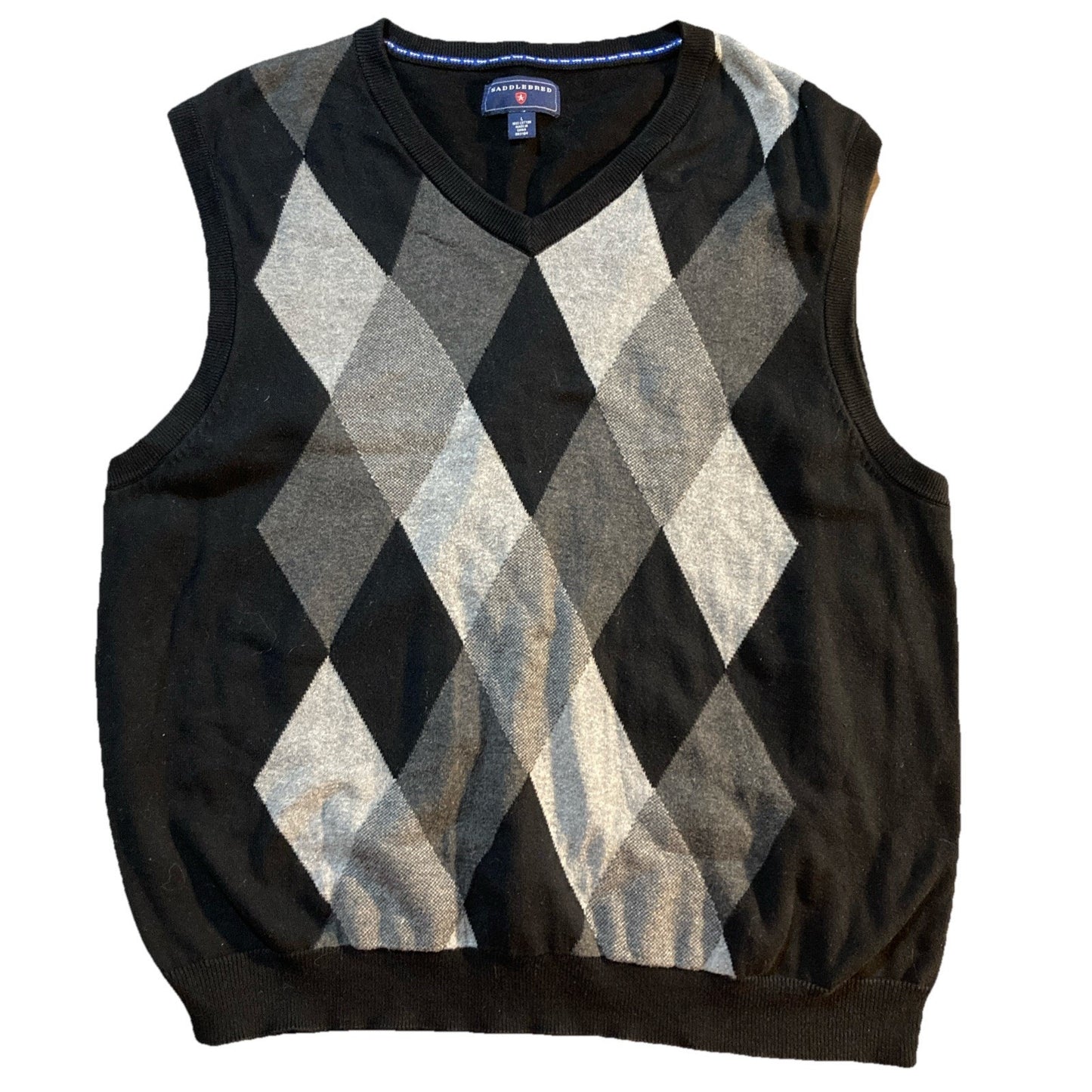 Dark Academia SADDLEBRED Men's Black Gray Argyle Sweater Vest Sz L 100% Cotton