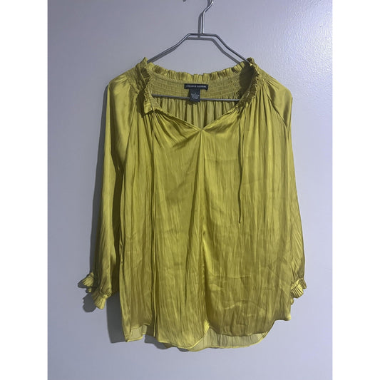 Chelsea & Theodore Blouse Womens S Green Tunic Chiffon V-Neck Ruffle Pleated