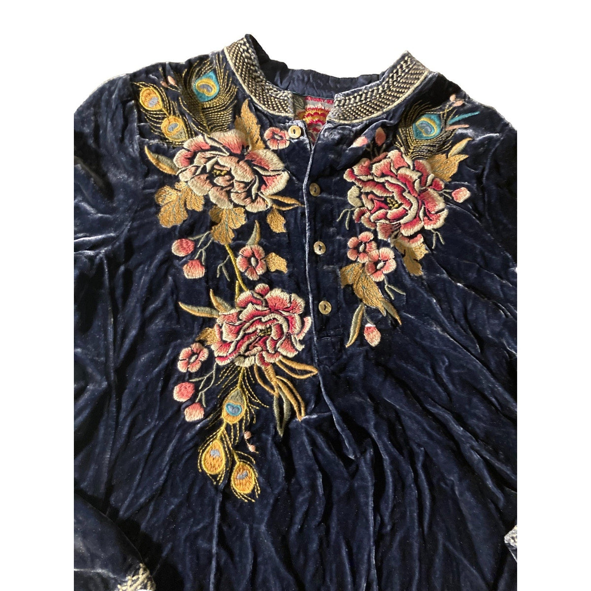 Johnny Was XS Blue Velvet Kimono Mini Dress Peacock Feather Embroidery Soft!