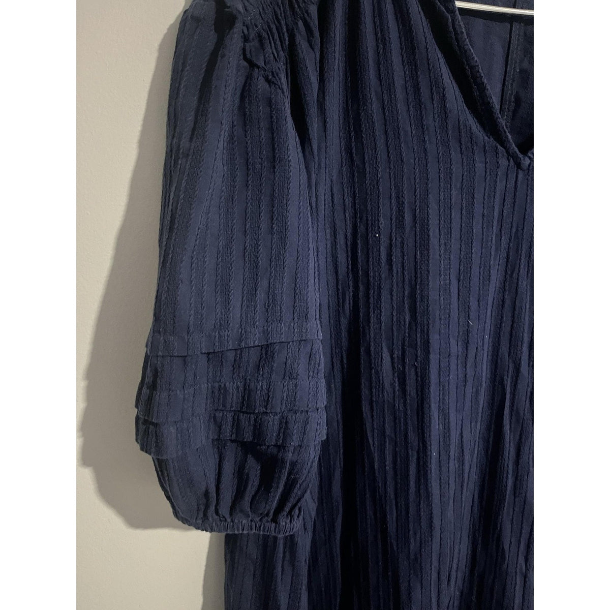 Caslon Dress Womens S Blue Maxi Shift 3/4 Puff Sleeve V-Neck Pleated Striped