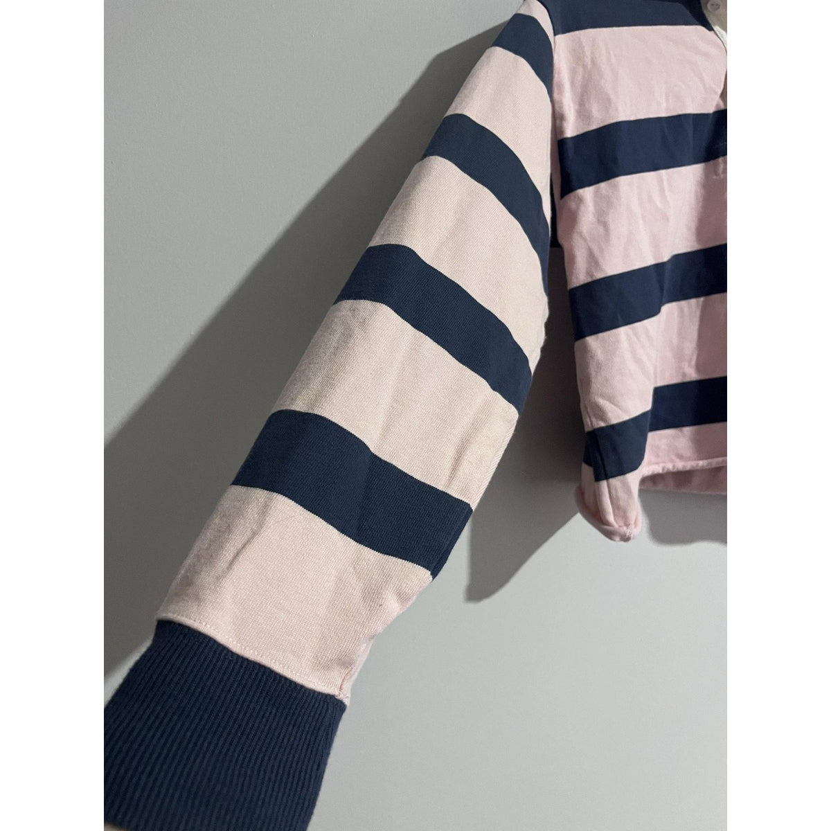 Abercrombie Polo Womens XS Pink Navy Striped Rugby Shirt Long Sleeve Jersey
