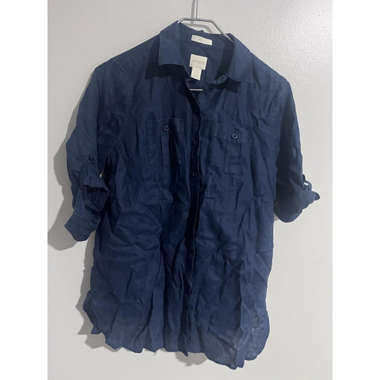 Chico's Button-Up Tunic Womens 0 Blue Linen Roll Tab Sleeve Pockets Lightweight