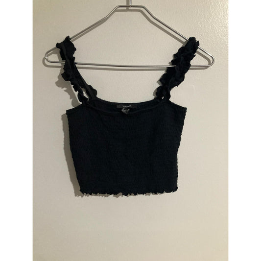 Forever 21 Tank Womens S Black Cropped Square Neck Ruffle Strap Top Stretch Knit