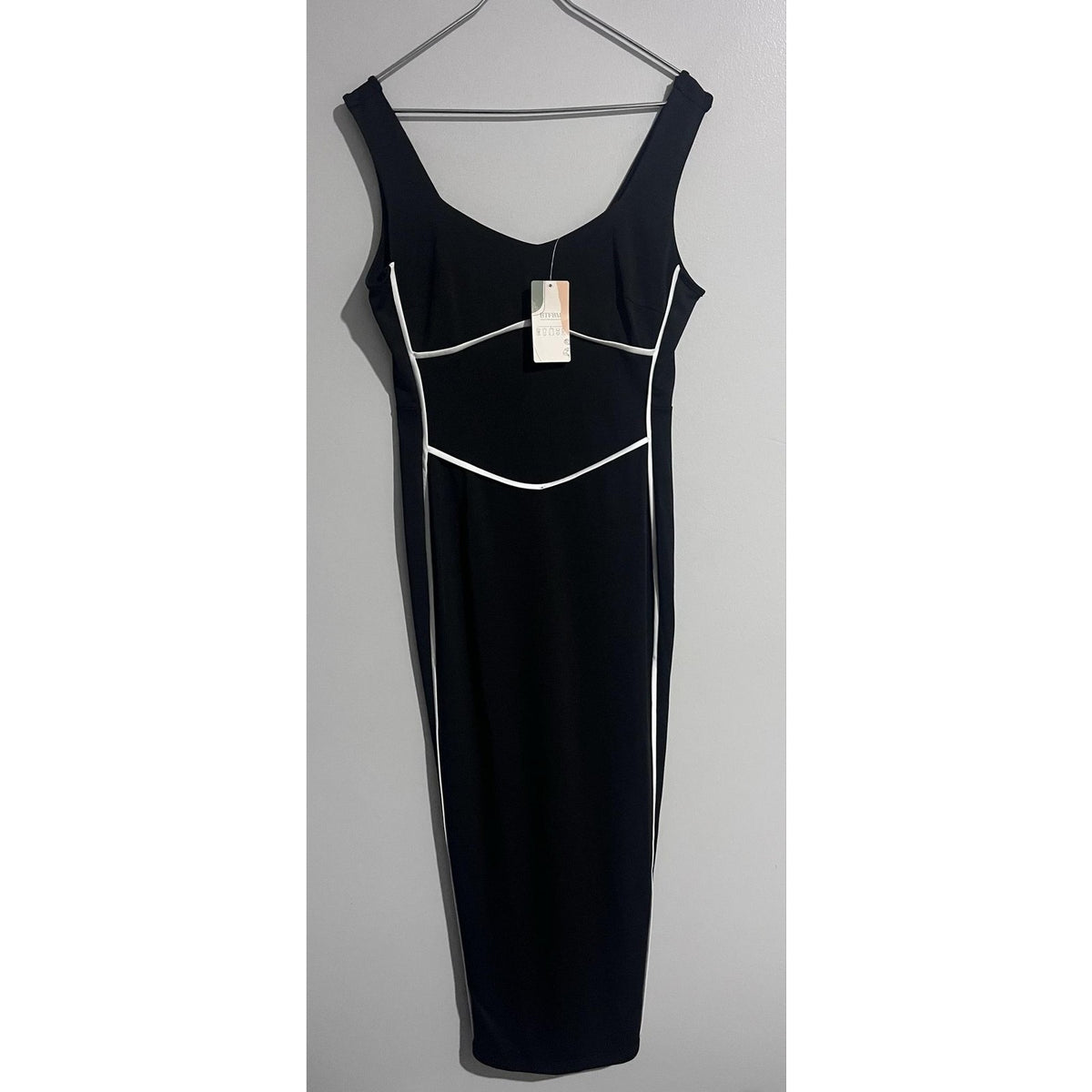 Btfbm Dress Womens L Black Sheath Bodycon Long V-Neck Zip Stretch Party Cocktail