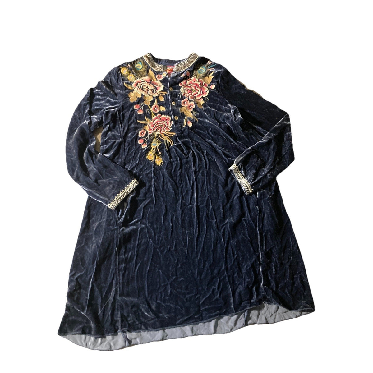 Johnny Was XS Blue Velvet Kimono Mini Dress Peacock Feather Embroidery Soft!
