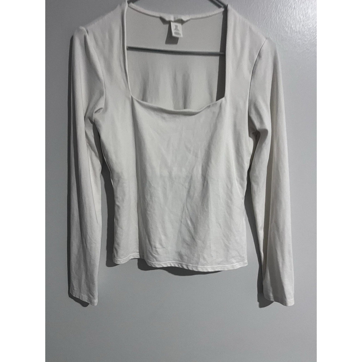 H&M T-Shirt Womens S White Square Neck Long Sleeve Slim Jersey Stretch