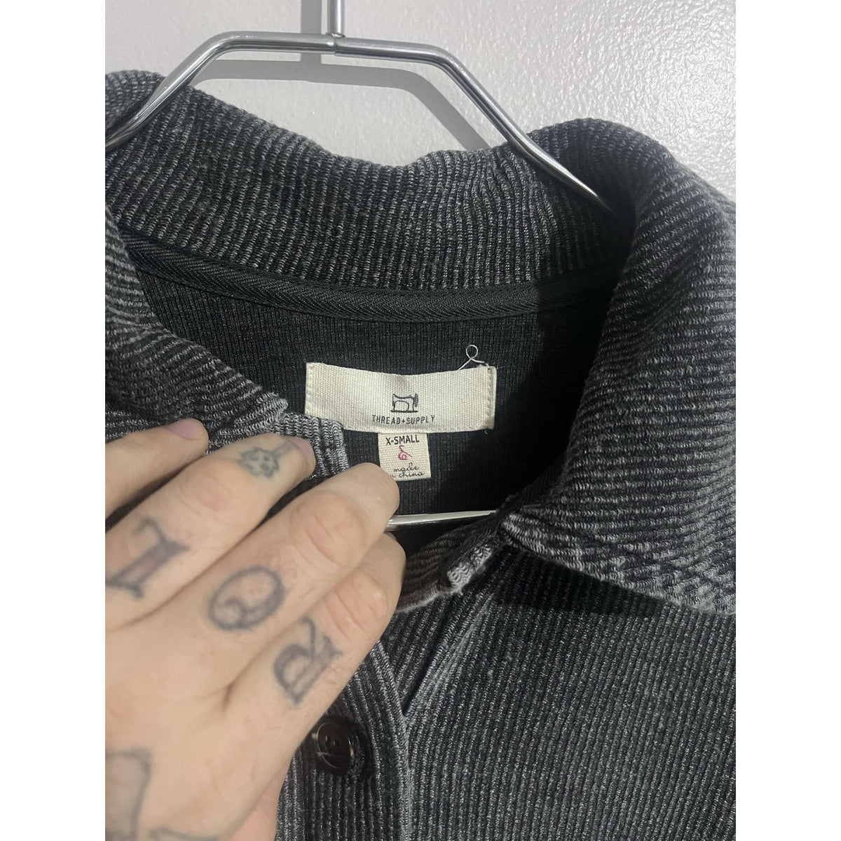 Thread & Supply Button-Up Womens XS Gray Striped Collared Knit Long Sleeve