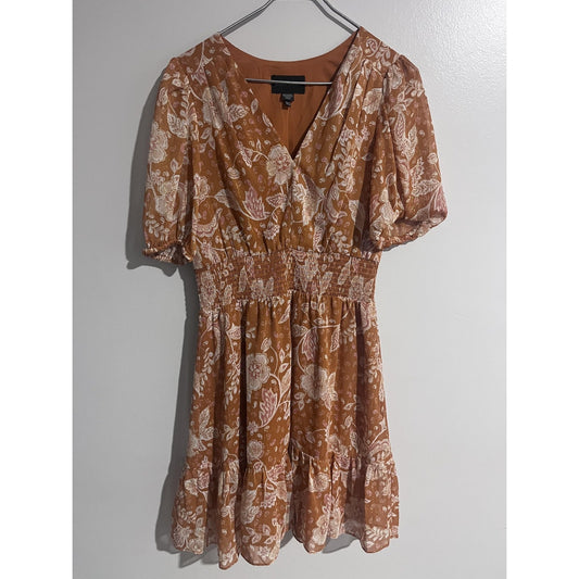 Donna Morgan Dress Womens 8 Brown Fit & Flare Midi Paisley Smocked Ruffle