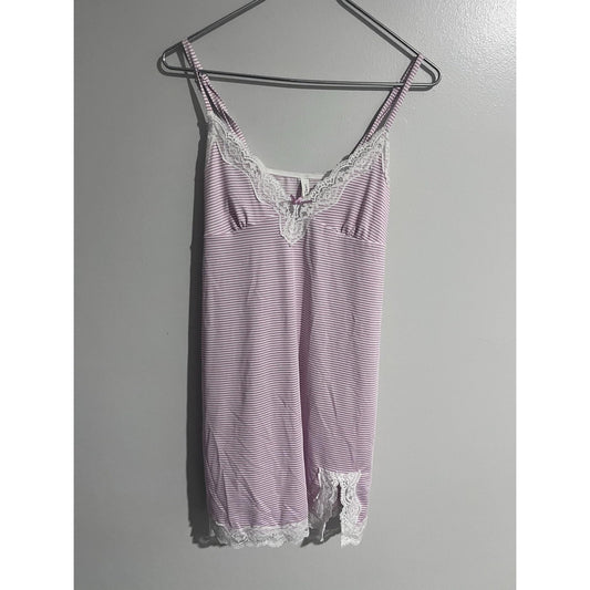 Laura Ashley Gown Chemise Womens M Pink Striped V-Neck Lace Trim Bow Leg Slit
